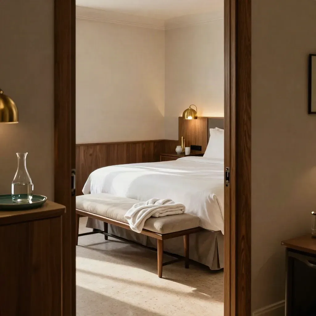 Turned-down king suite with robe, luggage bench, water carafe and glasses in warm afternoon light