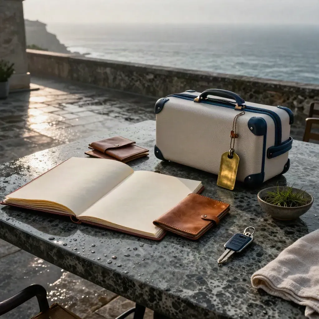 Luxury travel planning setup on a wet coastal terrace at dawn with passport sleeves and a carry-on