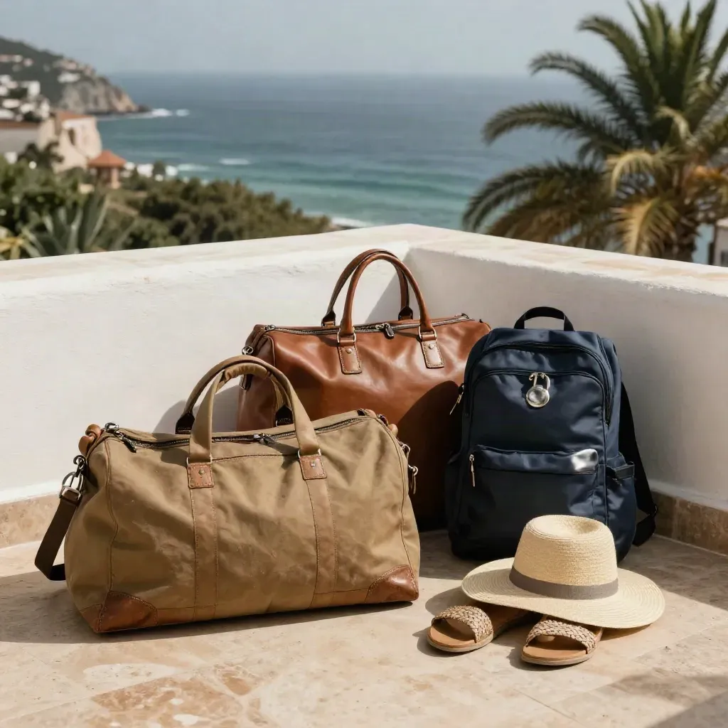 Three packed travel bags on a sunlit villa terrace beside sandals and a straw hat.