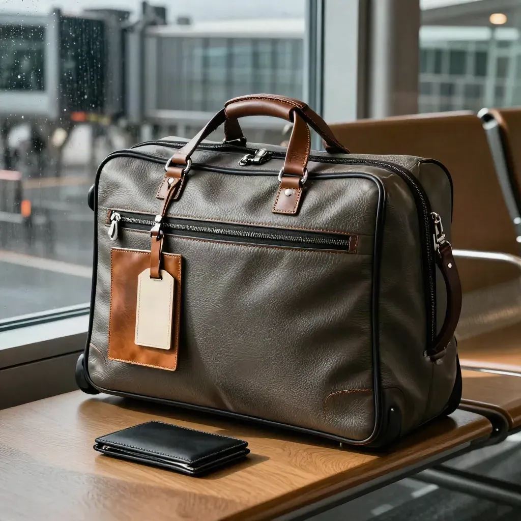 Carry-on, passport sleeve, baggage tags and travel wallet by an airport window