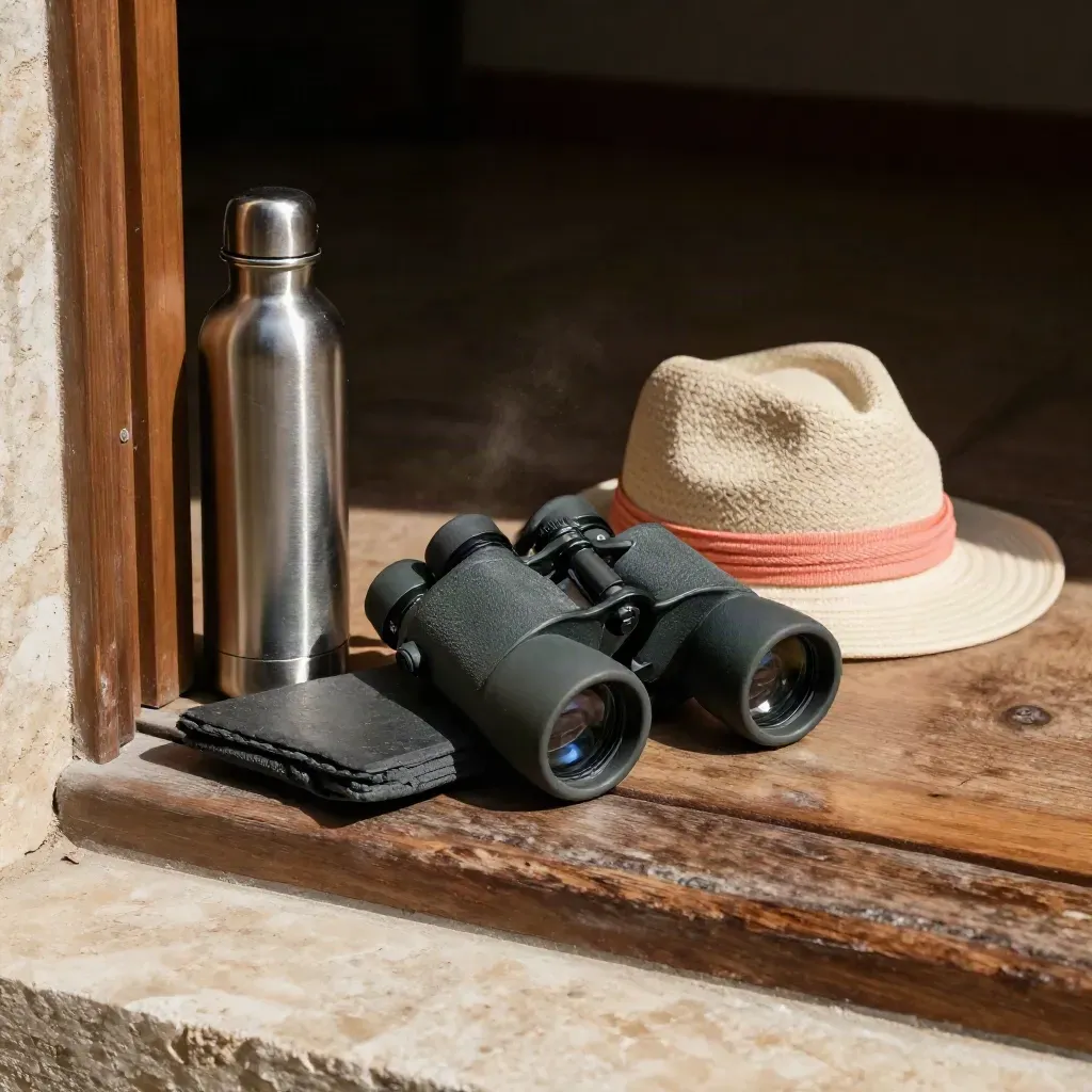 Day-tour kit with binoculars, water bottle, sun hat and guide pouch by a doorway