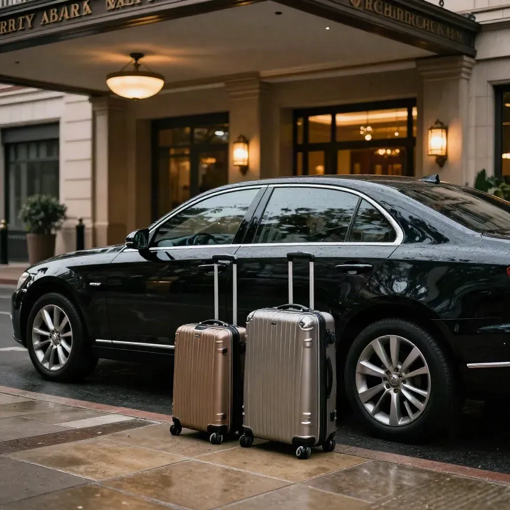 Black sedan at a hotel portico with suitcases and luggage cart, waiting for an on-time airport transfer.