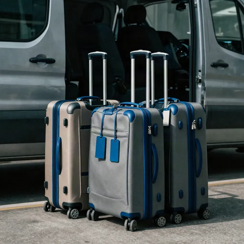 Matching carry-ons with blue straps beside a transfer van door, ready for group departure