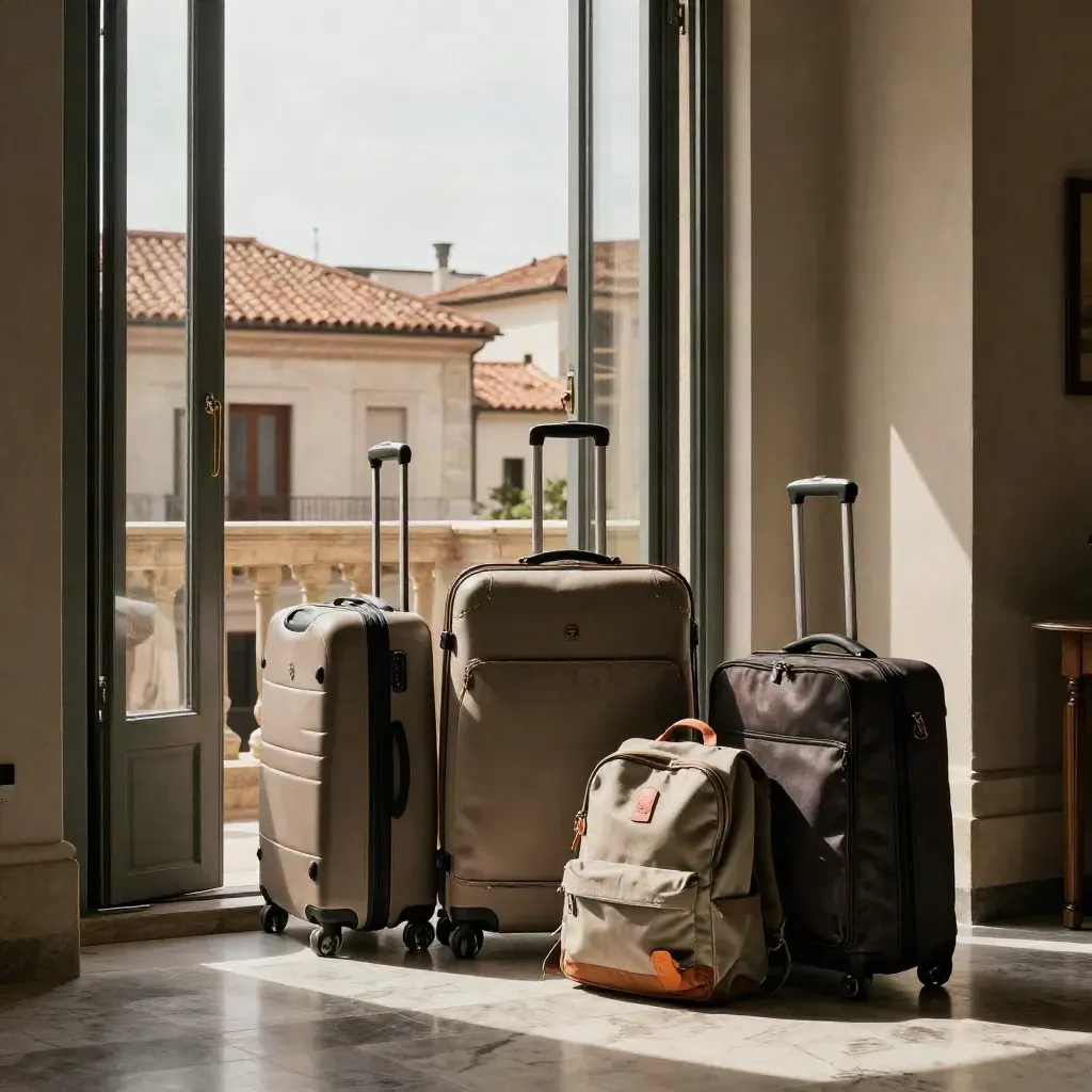 Rome family suite with three suitcases, a child backpack, and terracotta rooftops in warm summer light