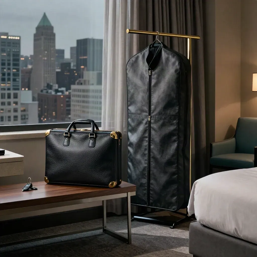 Midtown hotel suite with briefcase, garment bag, sedan key fob, and night skyline.