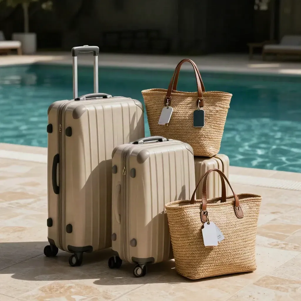 Resort terrace with stacked suitcases, beach totes, and room-key sleeves by the pool