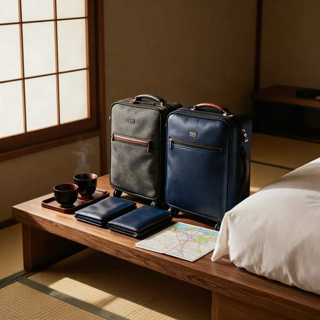 Tokyo hotel room corner with travel wallets, carry-ons, tea cups, and a folded route map