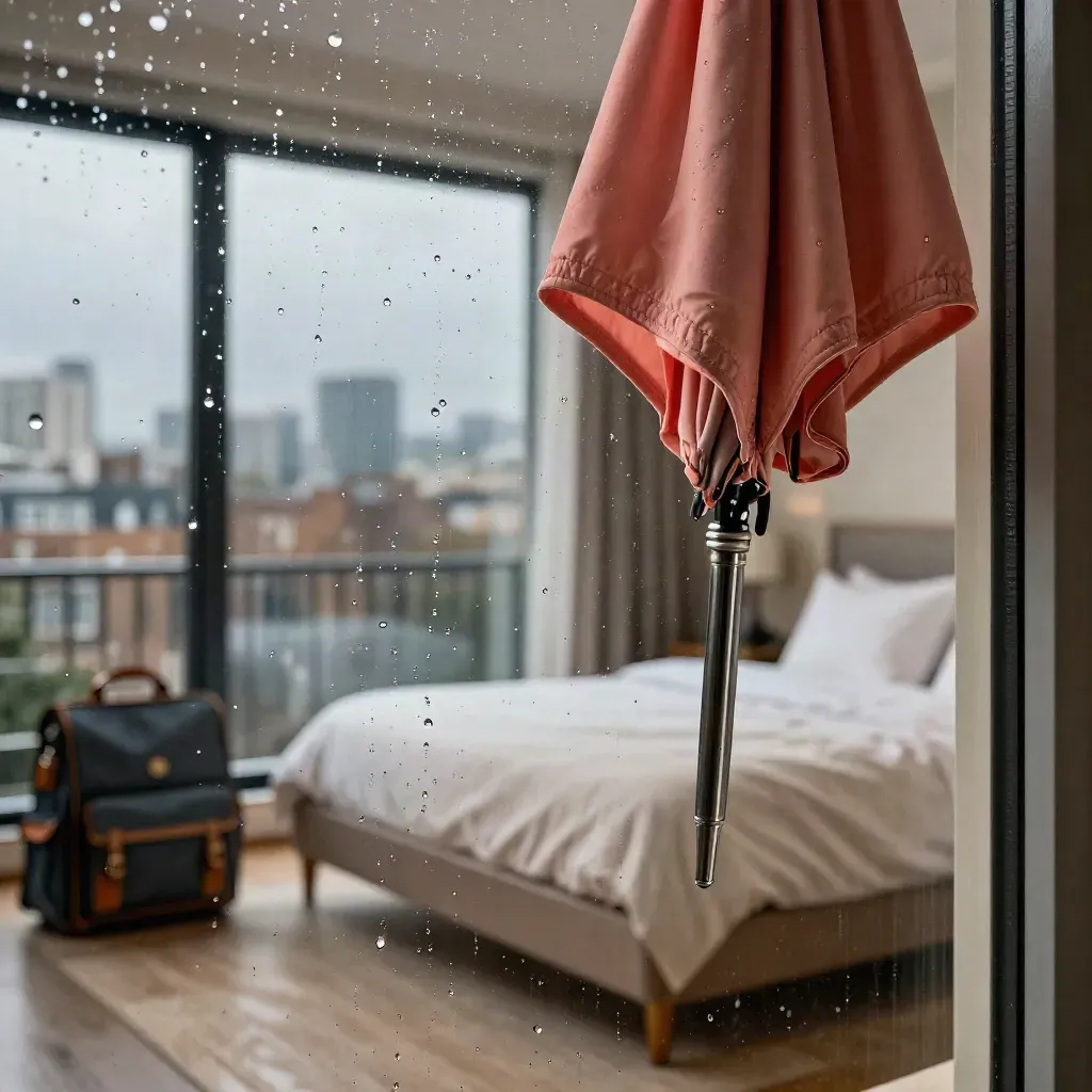 Raindrops on a London hotel window with made beds, satchels, and a folded umbrella ready for arrival.
