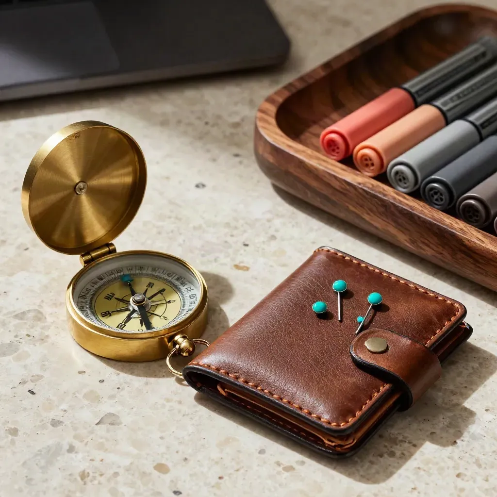 Macro travel planning still life with brass compass, leather wallet, pins, and marker tray.