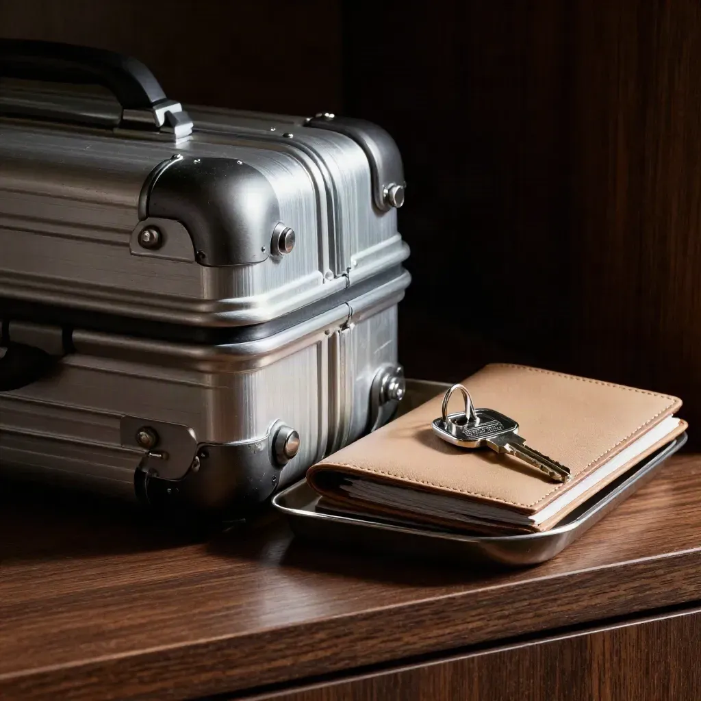 Suitcase corner, tracker puck, passport sleeve and chrome room key in dramatic hotel light.