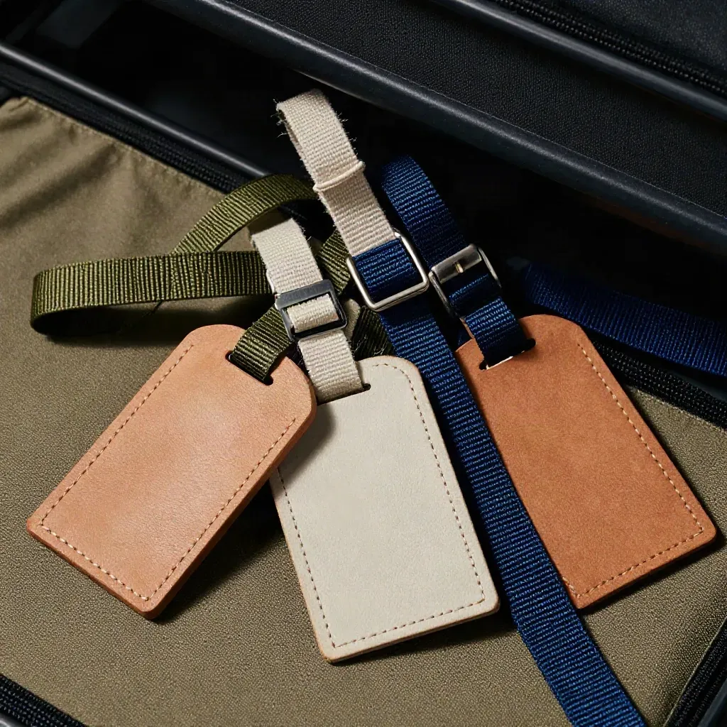 Macro of layered luggage tag loops and woven travel straps on a khaki packing surface.