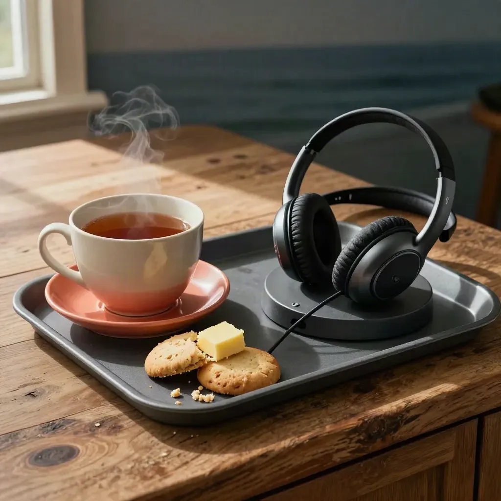 Steam over tea, biscuits, and a headset charging cradle on a rustic oak counter.