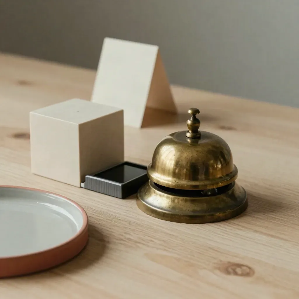 Brass desk bell, calendar cube, phone dock, and ceramic tray on pale oak with soft side light.