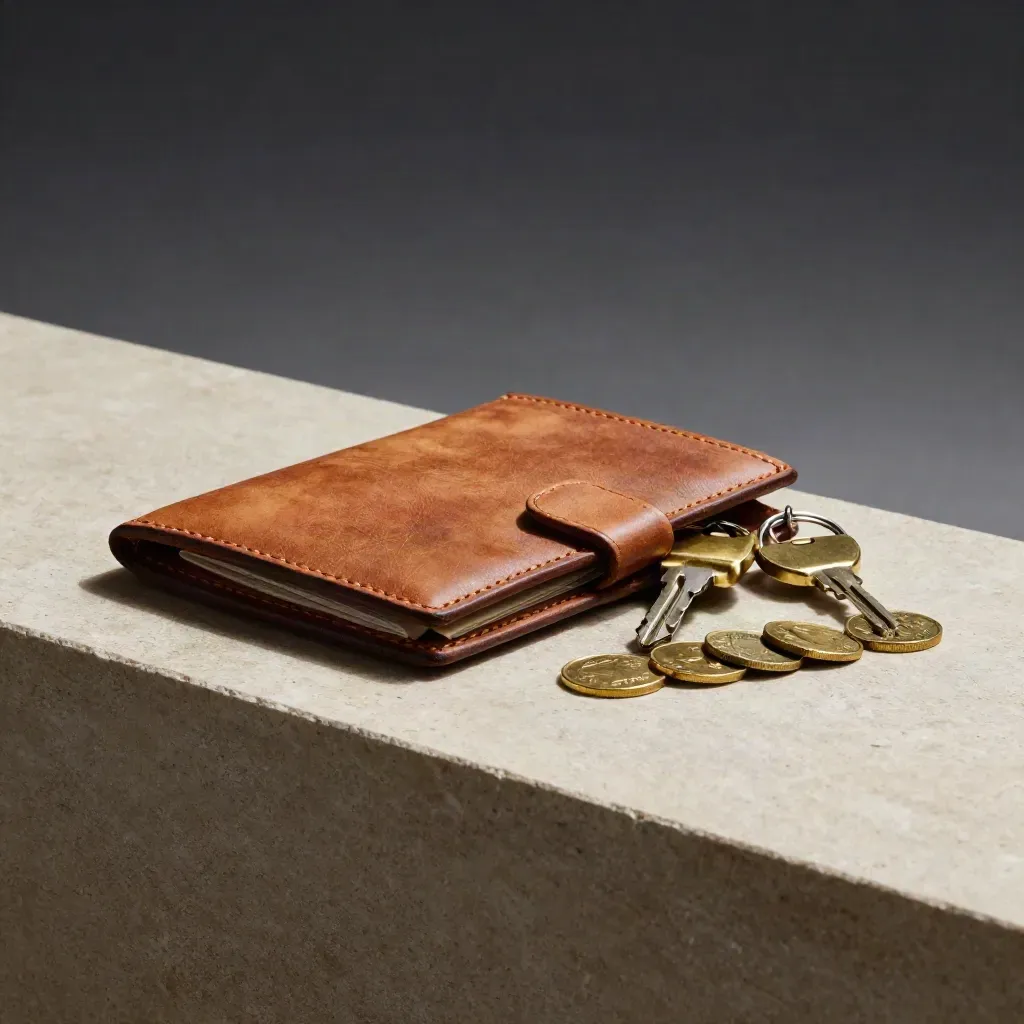 Leather passport wallet, two key fobs, and brass travel tokens on a stone shelf in soft side light.