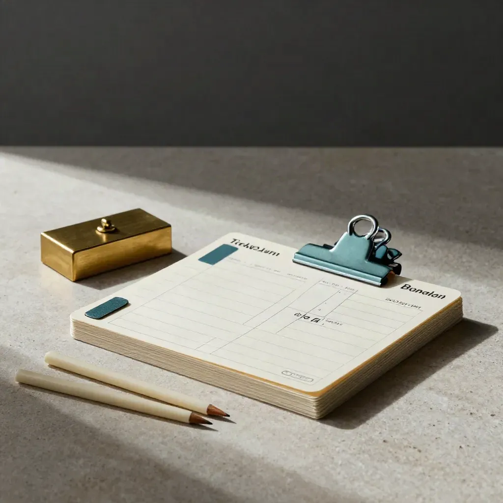 Travel planning cards, teal tabs, and brass paperweight on stone