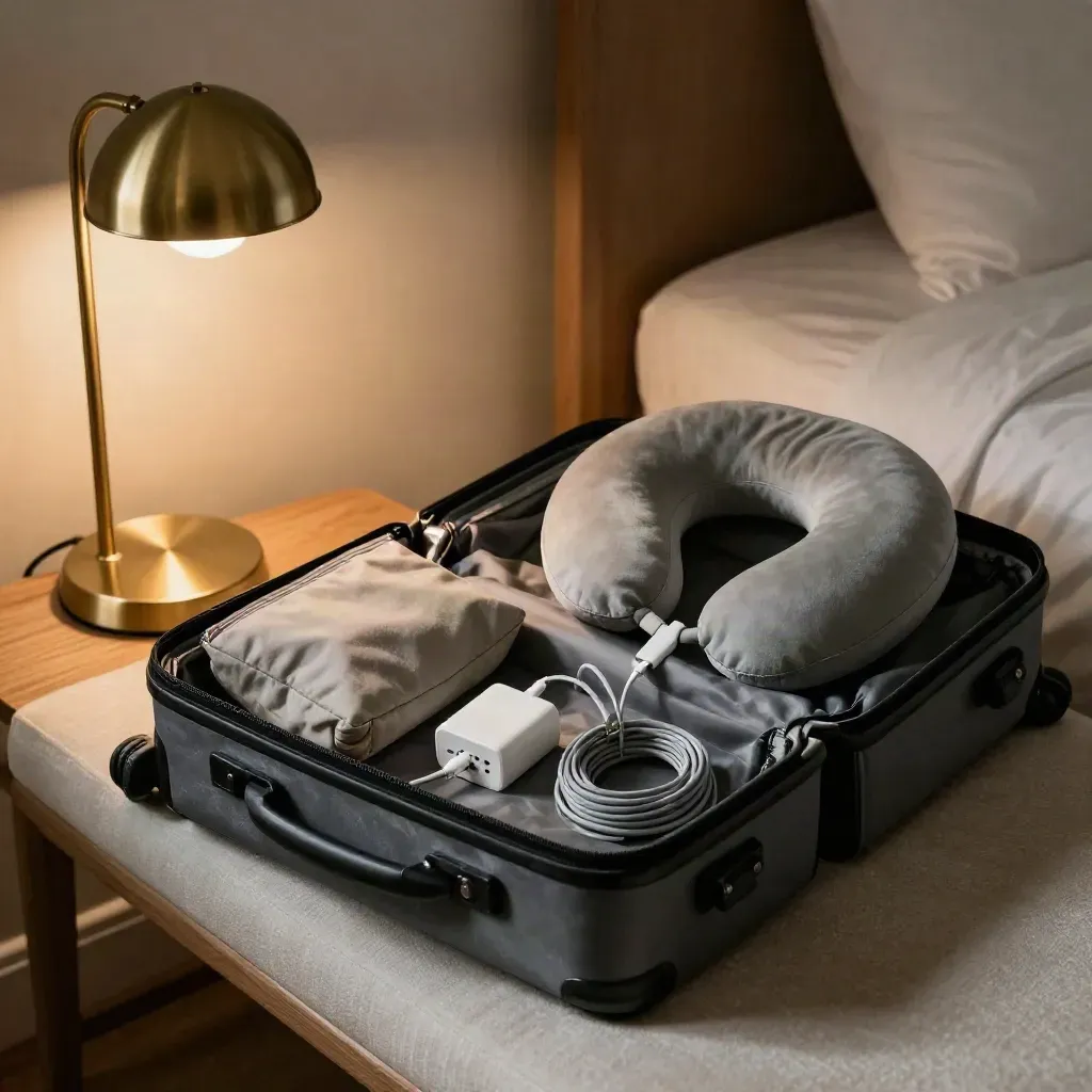Open carry-on with travel charger kit and neck pillow beside a warm bedside lamp.