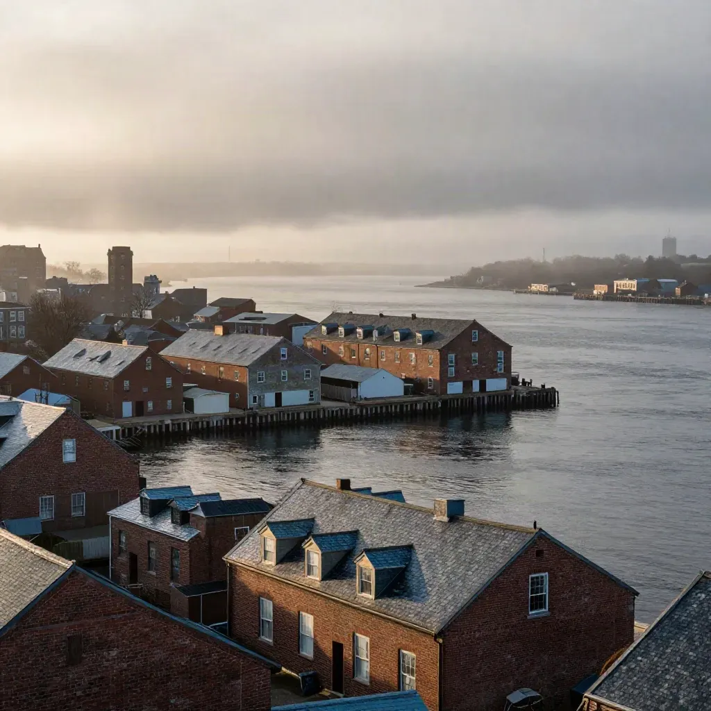 Misty harbor skyline above a calm river, brick rooftops and distant towers at dawn