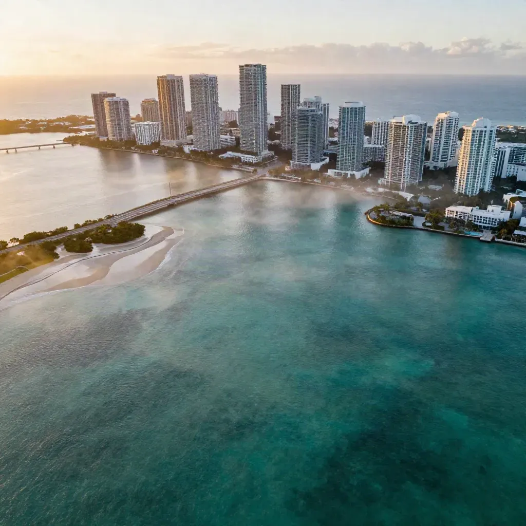 Golden-hour aerial of Miami and Biscayne Bay with skyline high and calm hazy water below