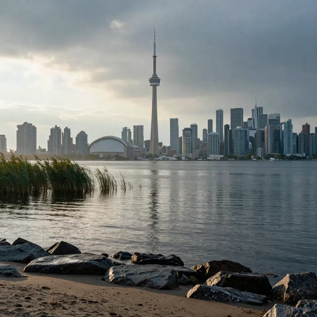 Toronto skyline from the islands above wet rocks, reeds, and calm harbour water after rain.