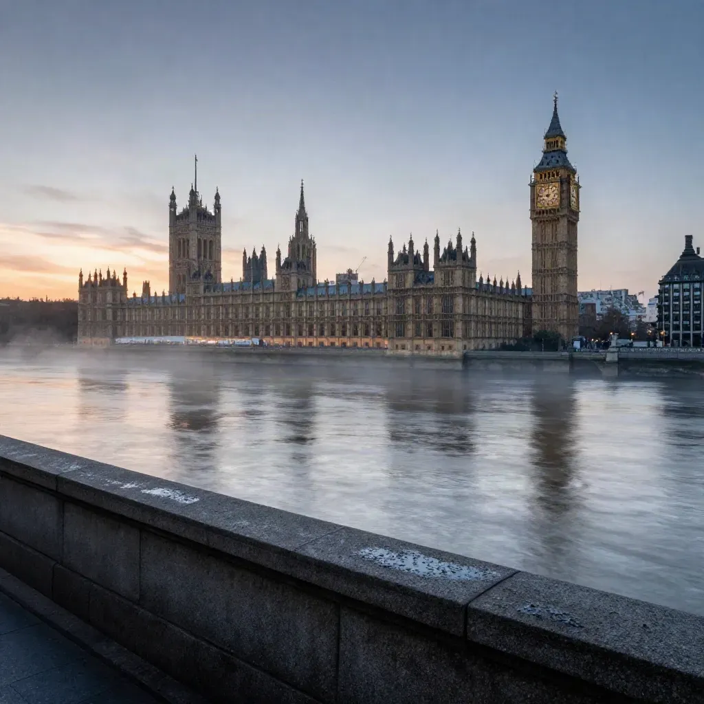 Westminster skyline over the Thames at blue hour with mist and a stone embankment